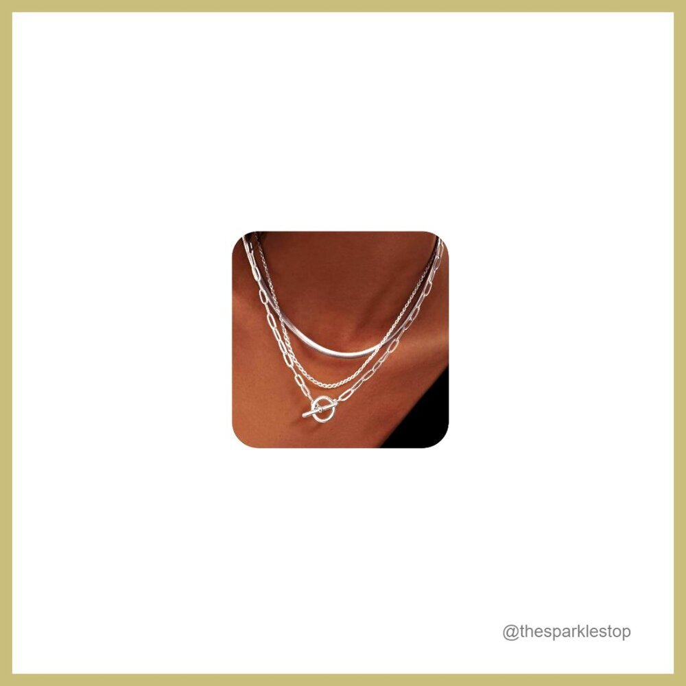 Sterling Silver Plated Chunky Layered Necklace Set Adjustable Toggle Clasp - Picture 2 of 7